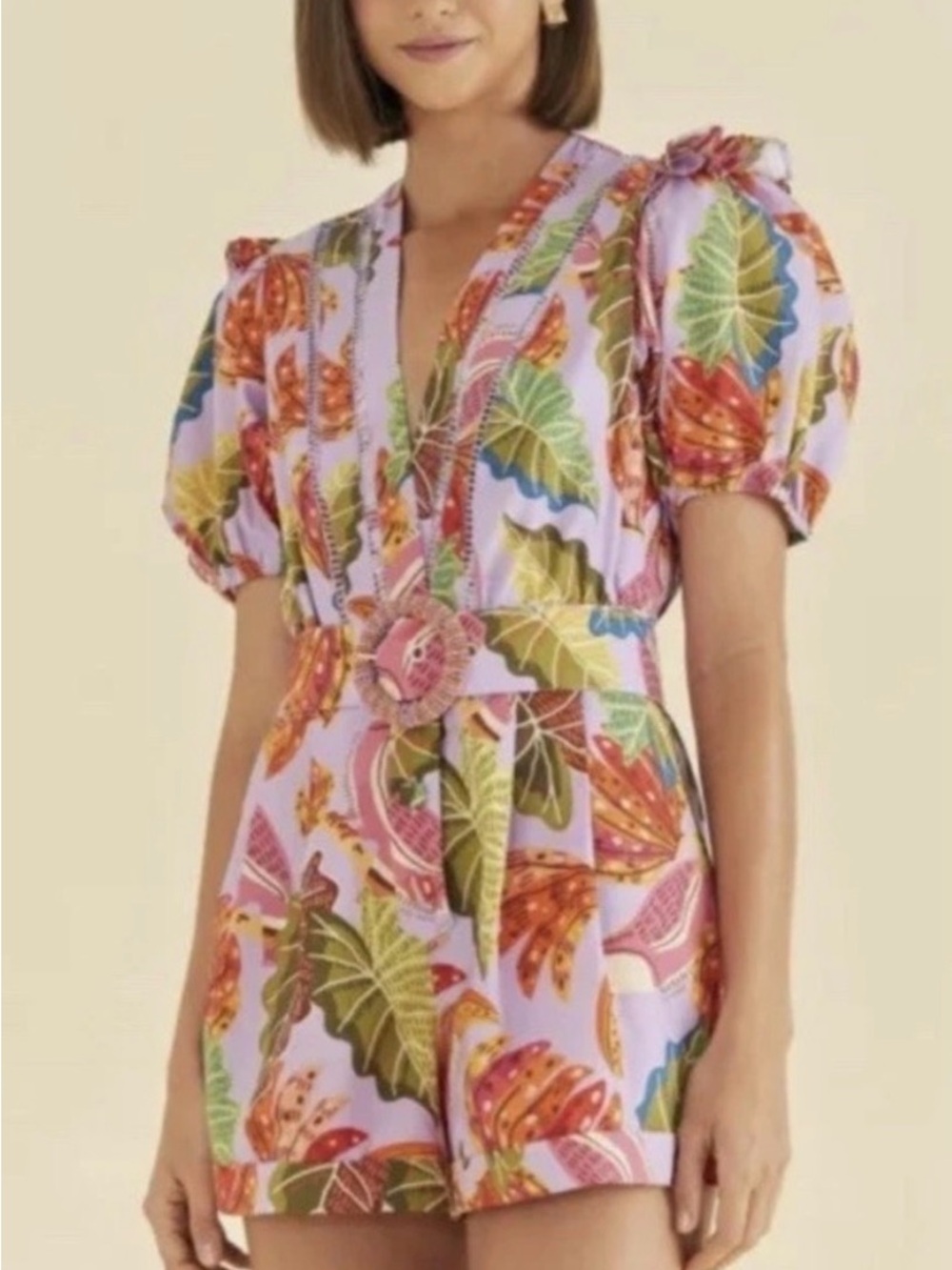 FARM Rio Lavender Tropical Print Puff Sleeve Romper with Belt